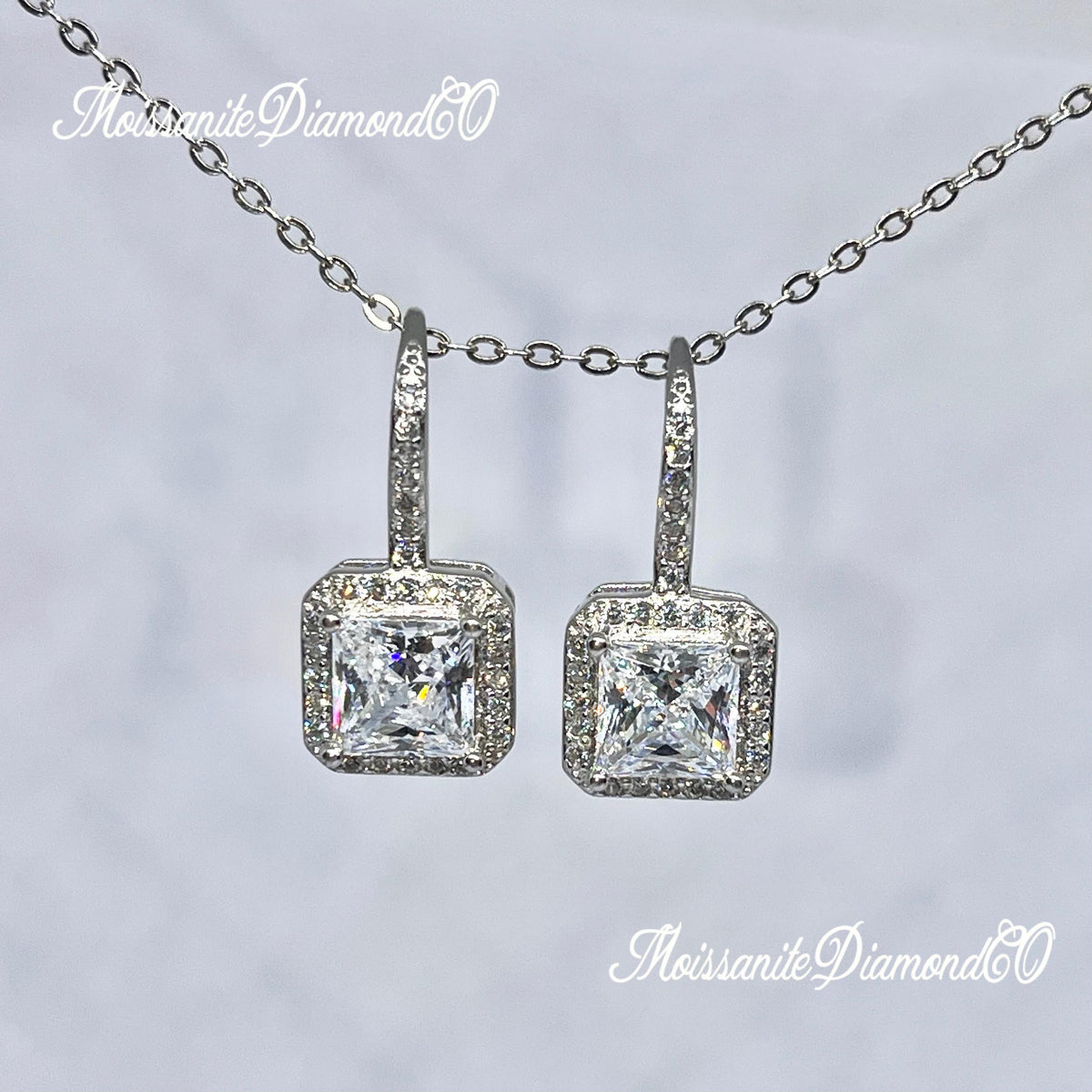 Princess Cut  Moissanite Diamond 1.5 Carat 925 Sterling Silver Dangle Earrings