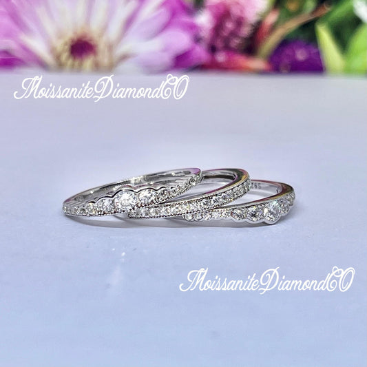 Moissanite Diamond Sterling Silver Eternity Ring Set: Stackable Bridal Rings