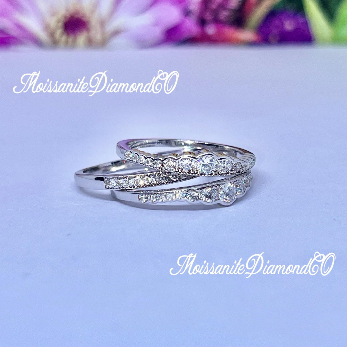 Moissanite Diamond Sterling Silver Eternity Ring Set: Stackable Bridal Rings