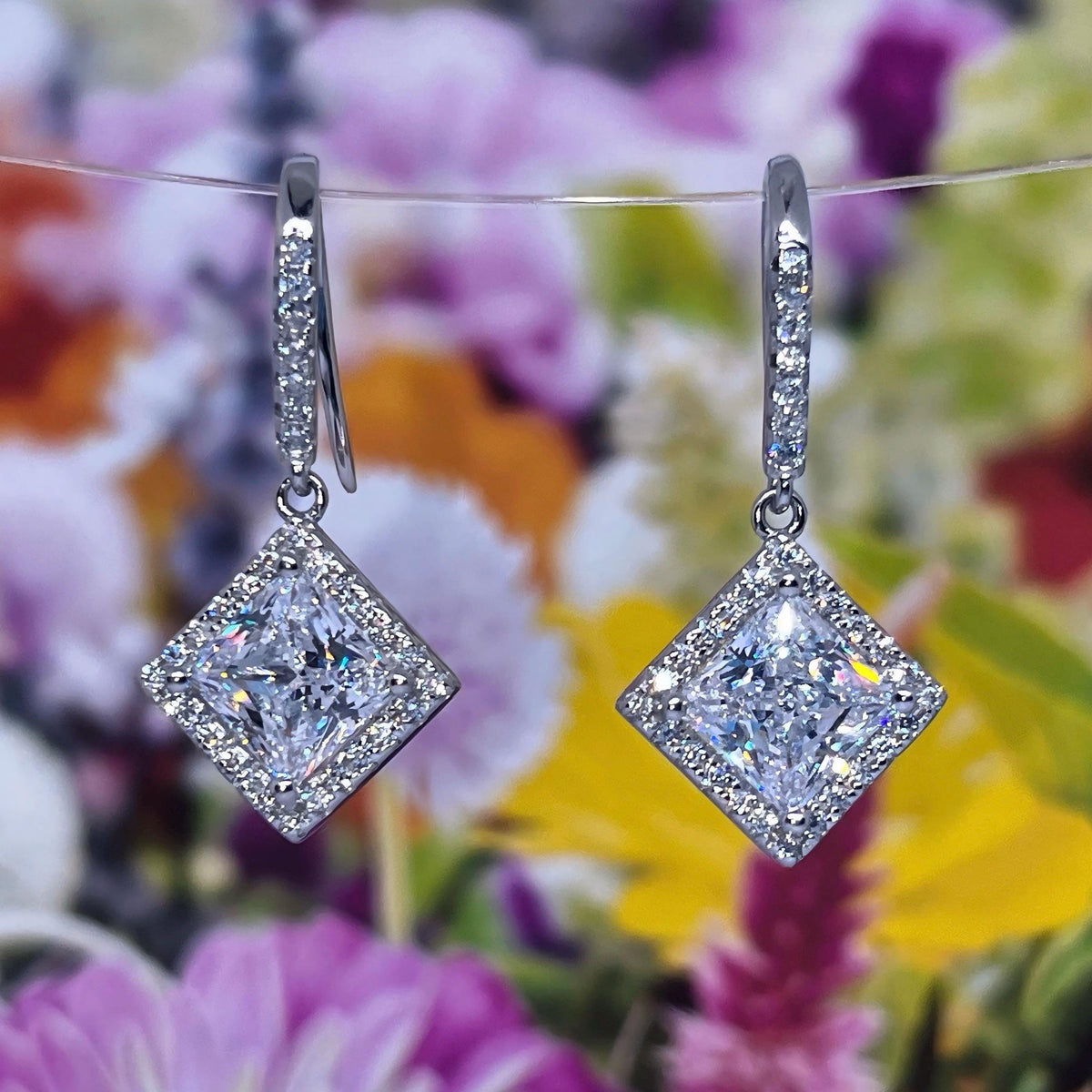 Princess Cut Halo Moissanite Dangle Earrings : 925 Sterling Silver