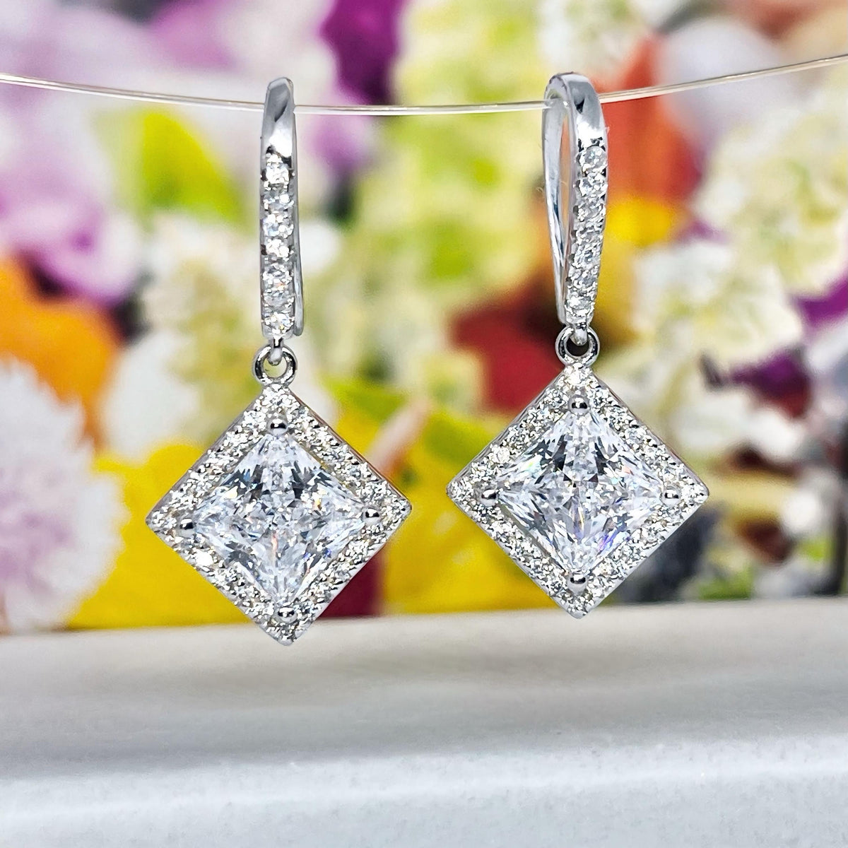 Princess Cut Halo Moissanite Dangle Earrings : 925 Sterling Silver