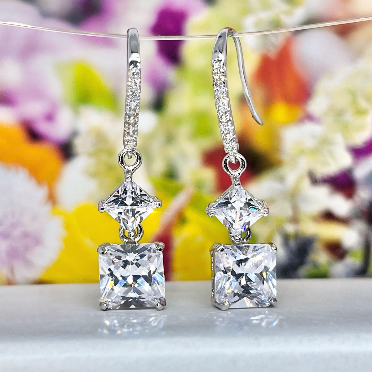 Princess Cut 2 Carat Moissanite Diamond Dangle Drop 925 Sterling Silver Earrings