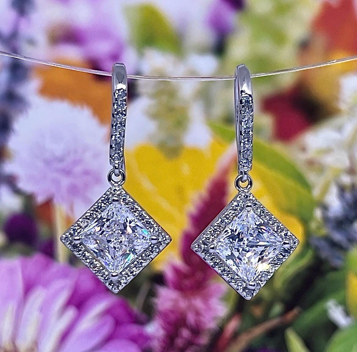 Princess Cut Halo Moissanite Dangle Earrings : 925 Sterling Silver