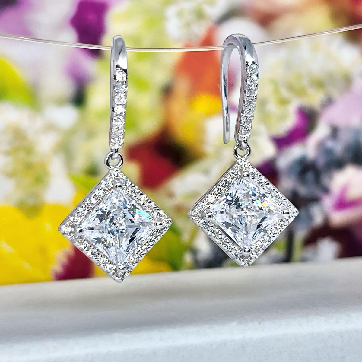 Princess Cut Halo Moissanite Dangle Earrings : 925 Sterling Silver