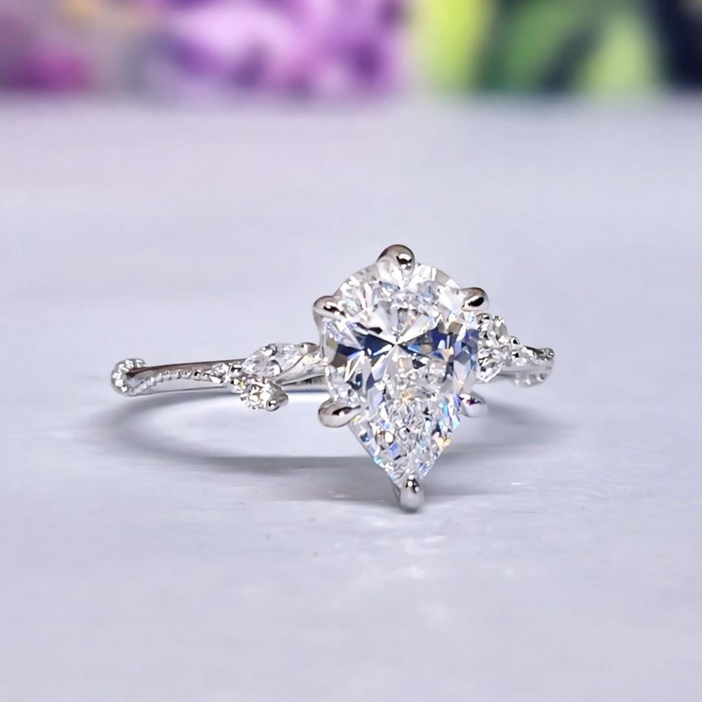 Pear Cut Moissanite Engagement Ring 2 Carat : Sterling Silver Bridal Ring