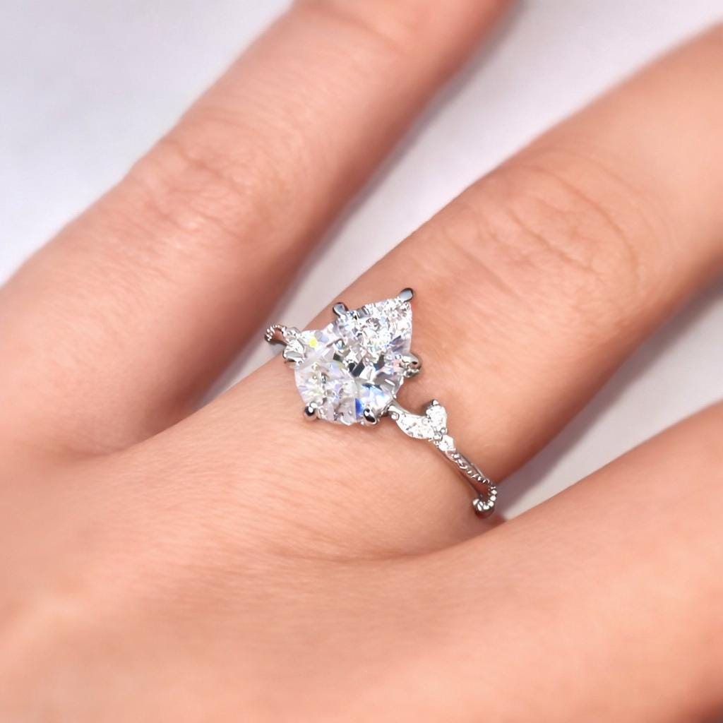 Pear Cut Moissanite Engagement Ring 2 Carat : Sterling Silver Bridal Ring