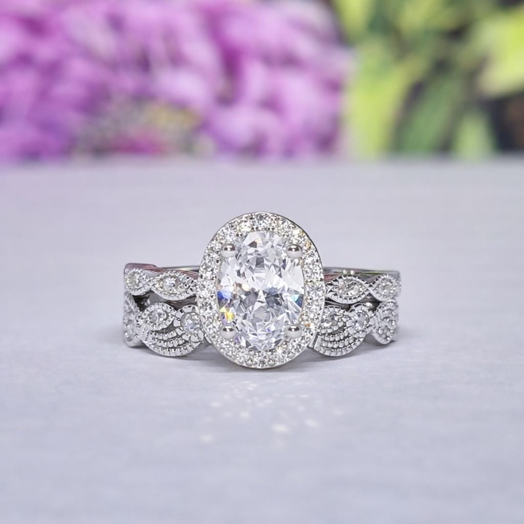 Oval Cut 1.5 Carat Moissanite Diamond Bridal Art Deco Style Engagement Wedding Ring Set