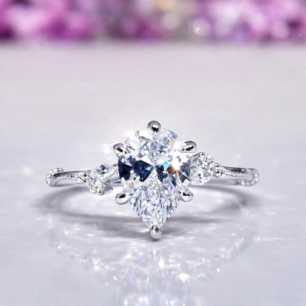 Pear Cut Moissanite Engagement Ring 2 Carat : Sterling Silver Bridal Ring