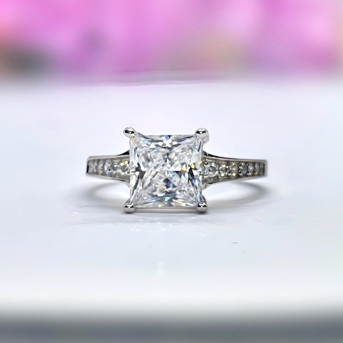 Princess Cut 1.5 Ct Moissanite Engagement Ring: 925 Sterling Silver