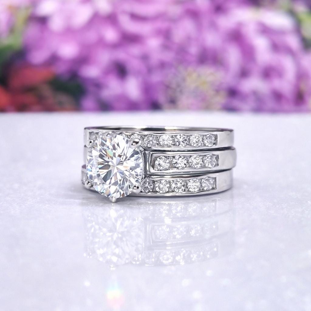 Round Cut 2 Carat Moissanite Bridal Ring Set: Sterling Silver Engagement