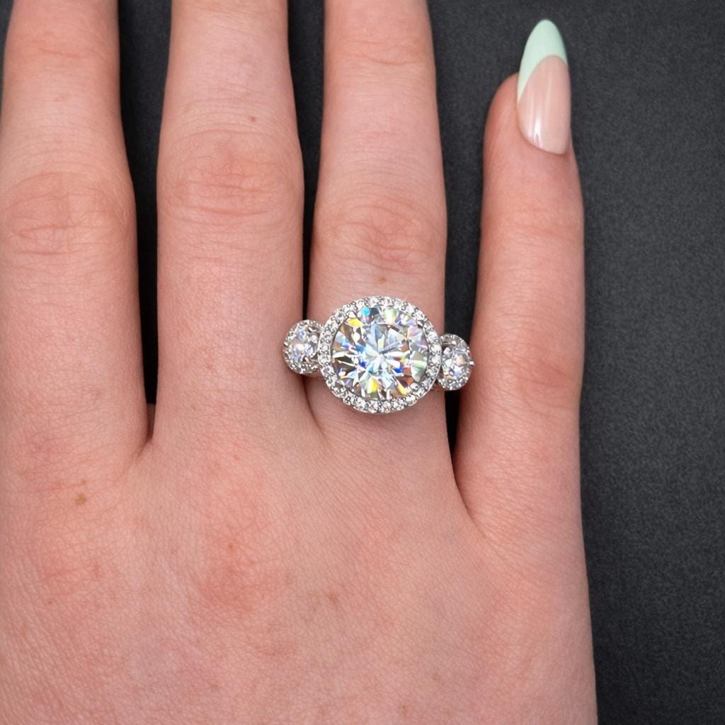 Three Stone Moissanite Diamond Engagement Ring Silver Gift Boxed Wedding Ring