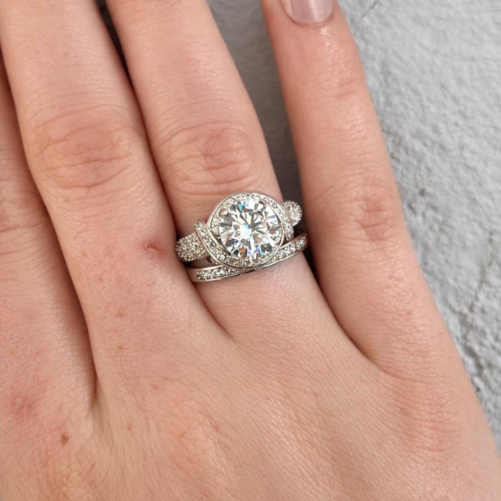 Round Cut Moissanite Engagement Ring Set: 2 Carat Sterling Silver Bridal Jewelry