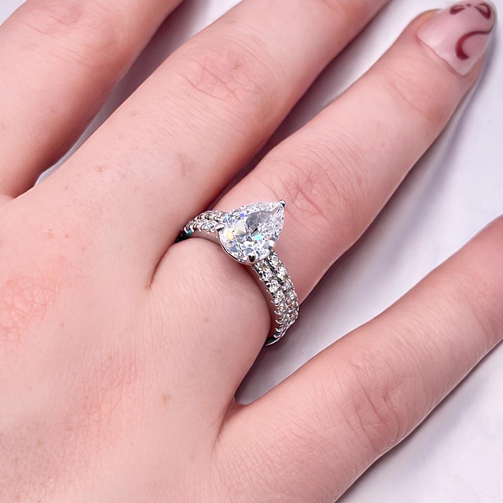 Pear Cut Engagement Ring Set Moissanite 2 Carat : 925 Sterling Silver Bridal Rings