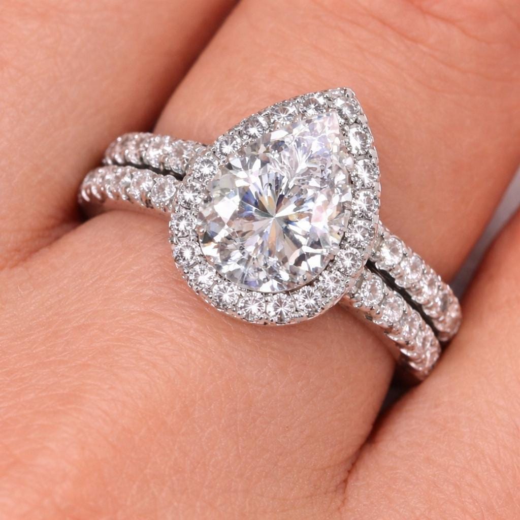 Tear Drop Engagement Ring Set 1.5 Carat Moissanite : 925 Sterling Silver