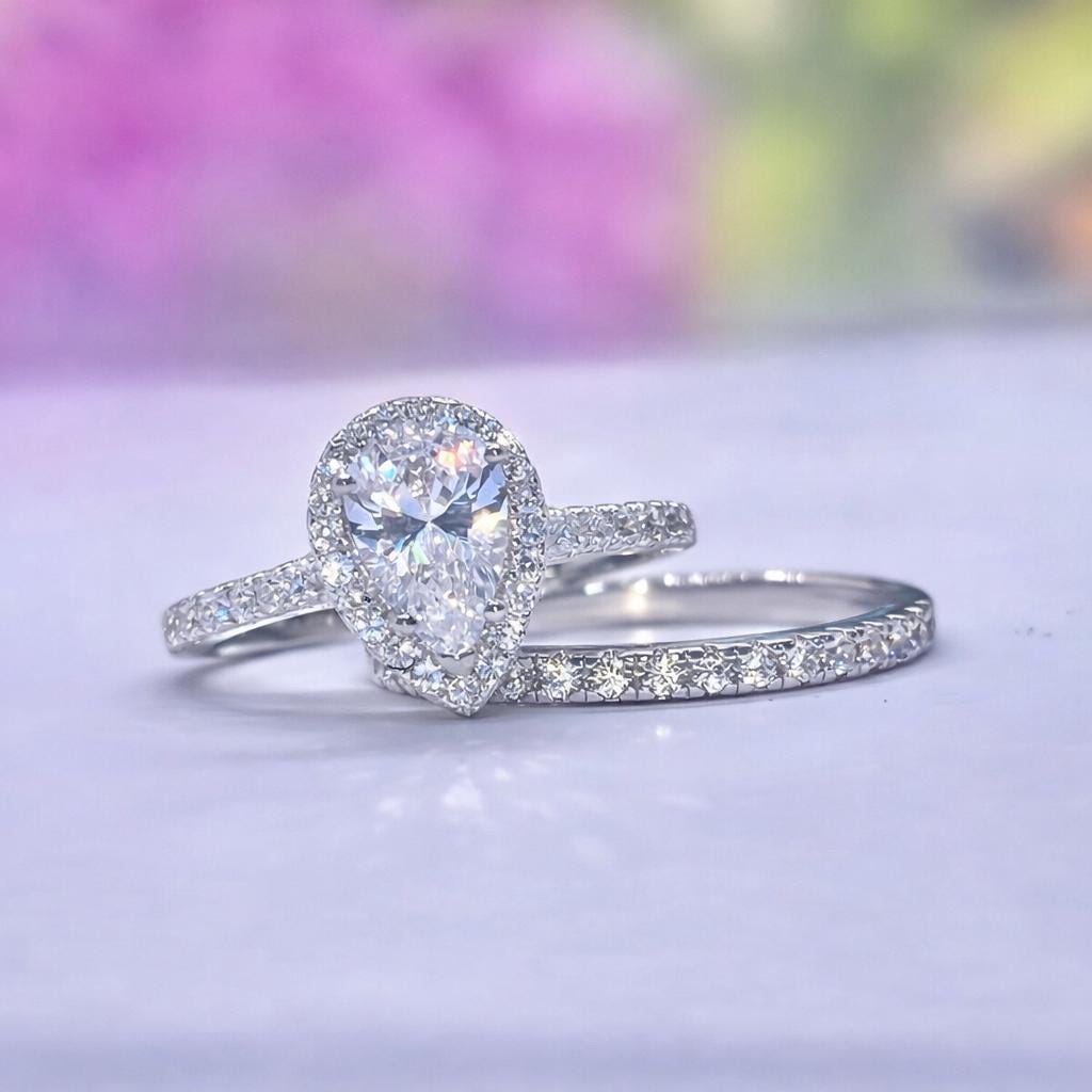 Tear Drop Engagement Ring Set 1.5 Carat Moissanite : 925 Sterling Silver