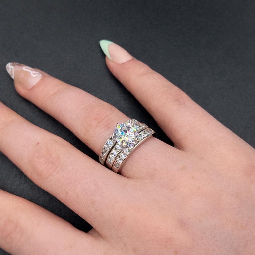 Round Cut 2 Carat Moissanite Bridal Ring Set: Sterling Silver Engagement