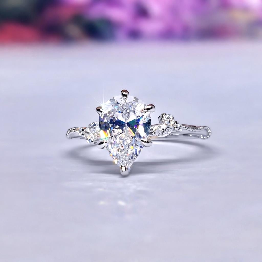 Pear Cut Moissanite Engagement Ring 2 Carat : Sterling Silver Bridal Ring