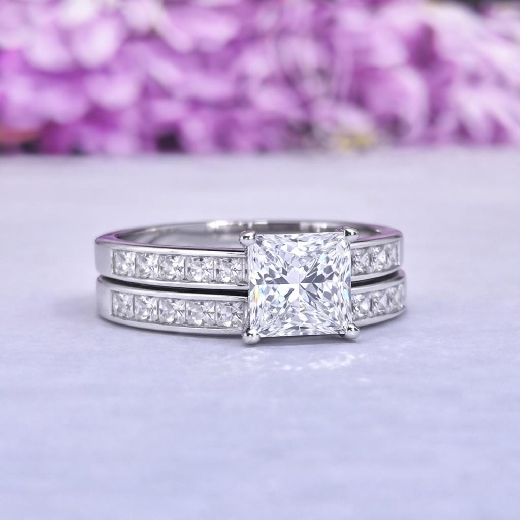 Princess Cut 2 CT Moissanite Channel Ring Set: 925 Sterling Silver