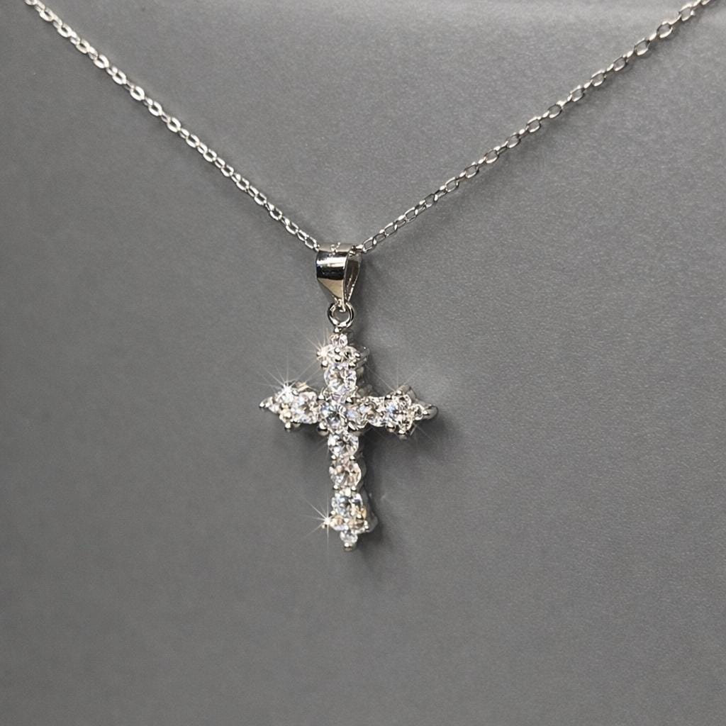 Moissanite Cross Pendant Necklace: 925 Sterling Silver
