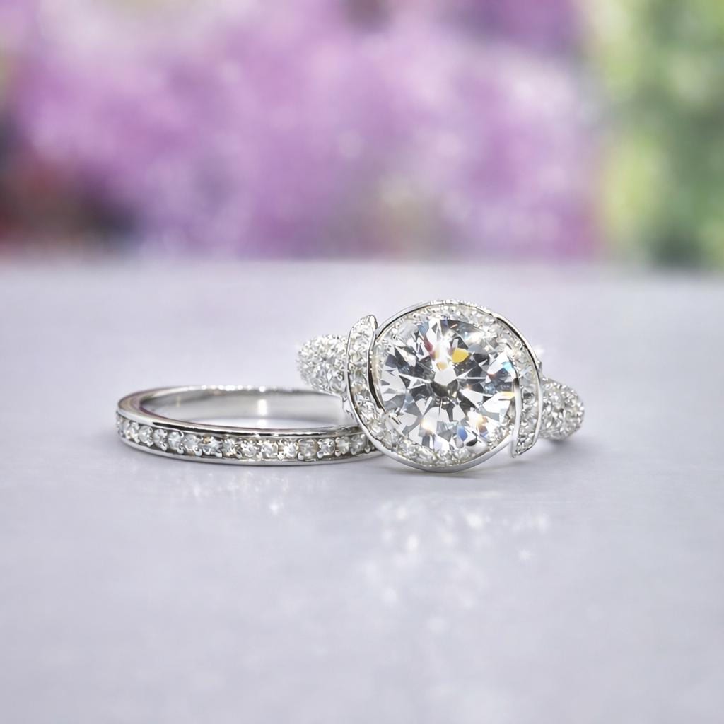 Round Cut Moissanite Engagement Ring Set: 2 Carat Sterling Silver Bridal Jewelry