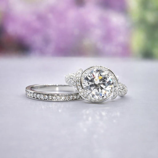 Round Cut Moissanite Engagement Ring Set: 2 Carat Sterling Silver Bridal Jewelry