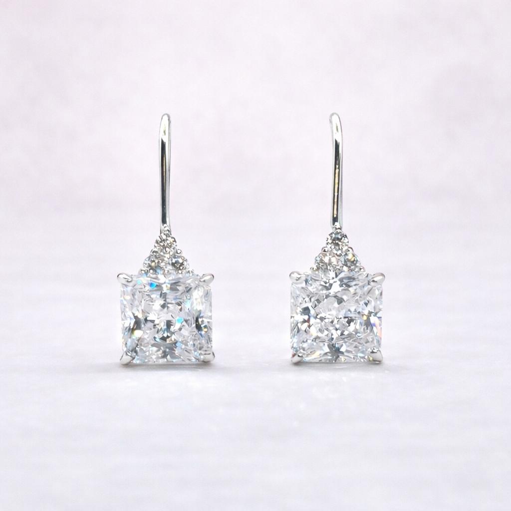 Square Cut Moissanite Dangle Drop Earrings 2 Ct: 925 Sterling Silver