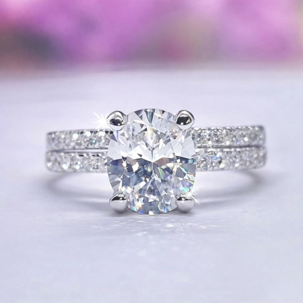 Oval Cut Moissanite Engagement Ring Set | 925 Sterling Silver Band