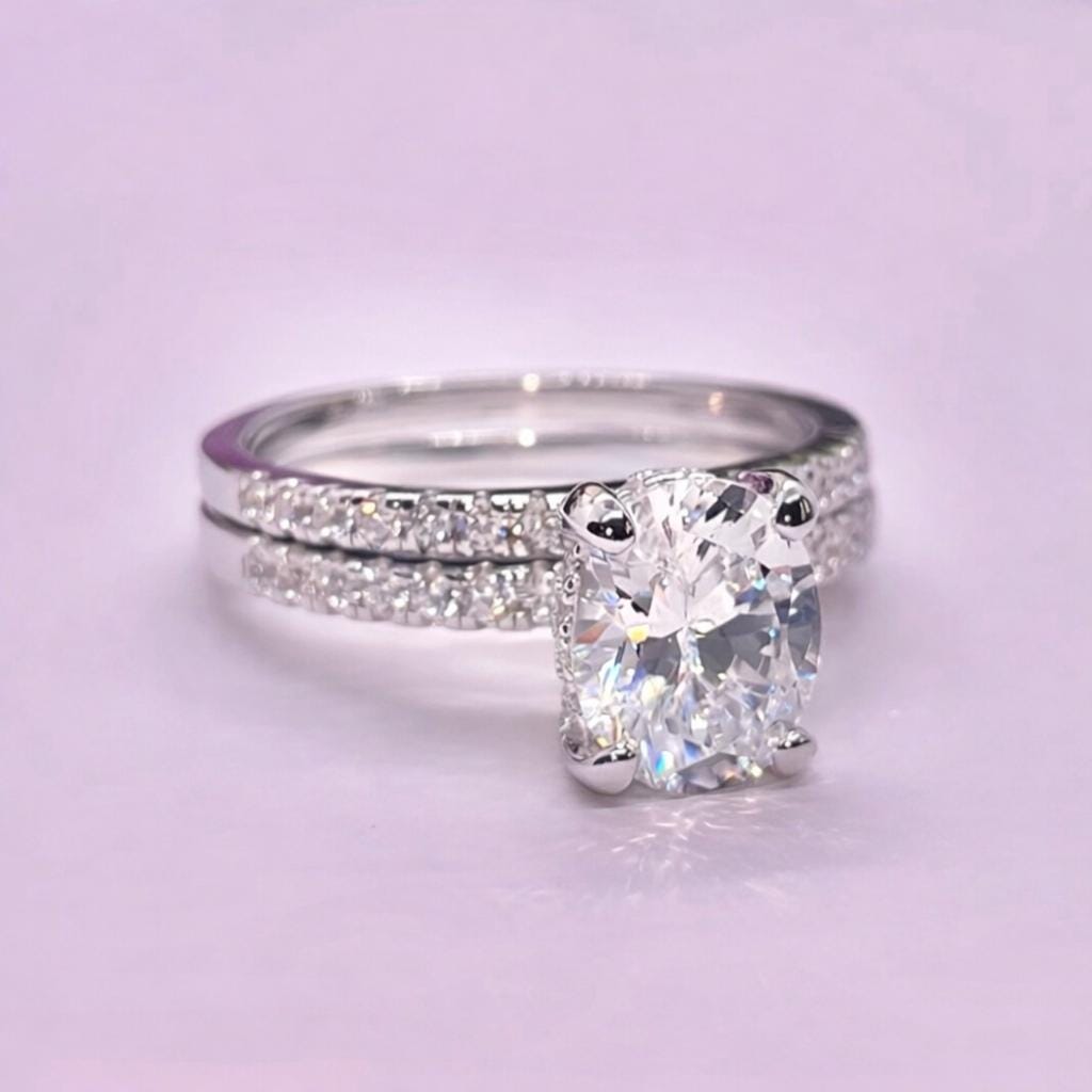 Oval Cut Moissanite Engagement Ring Set | 925 Sterling Silver Band