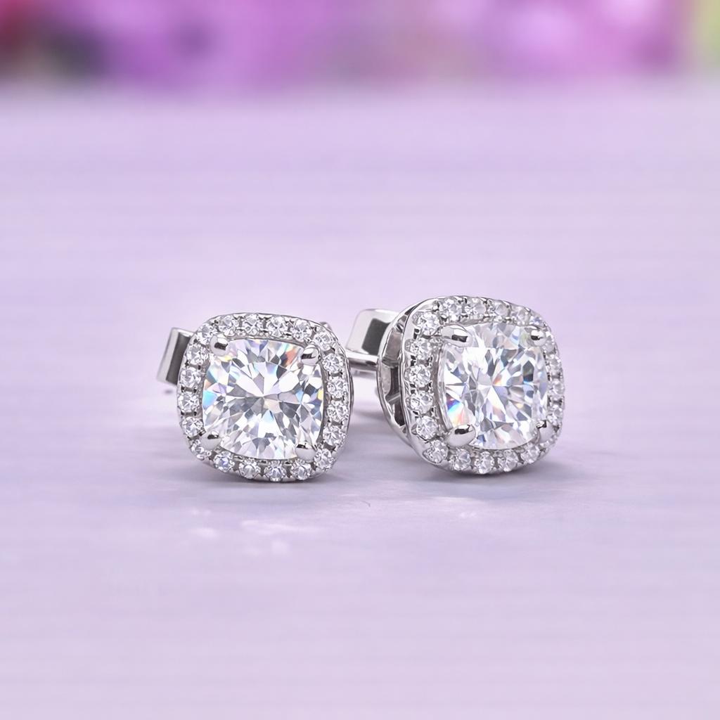 Cushion Cut 1.2 CTW Moissanite Diamond Stud Earrings | 925 Silver