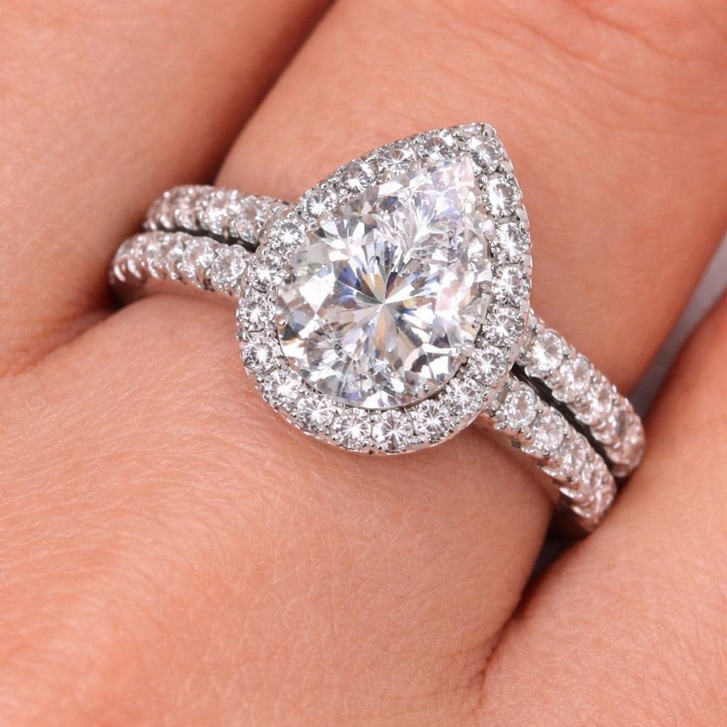 Pear Engagement Ring Set 1.5 Carat : Sterling Silver