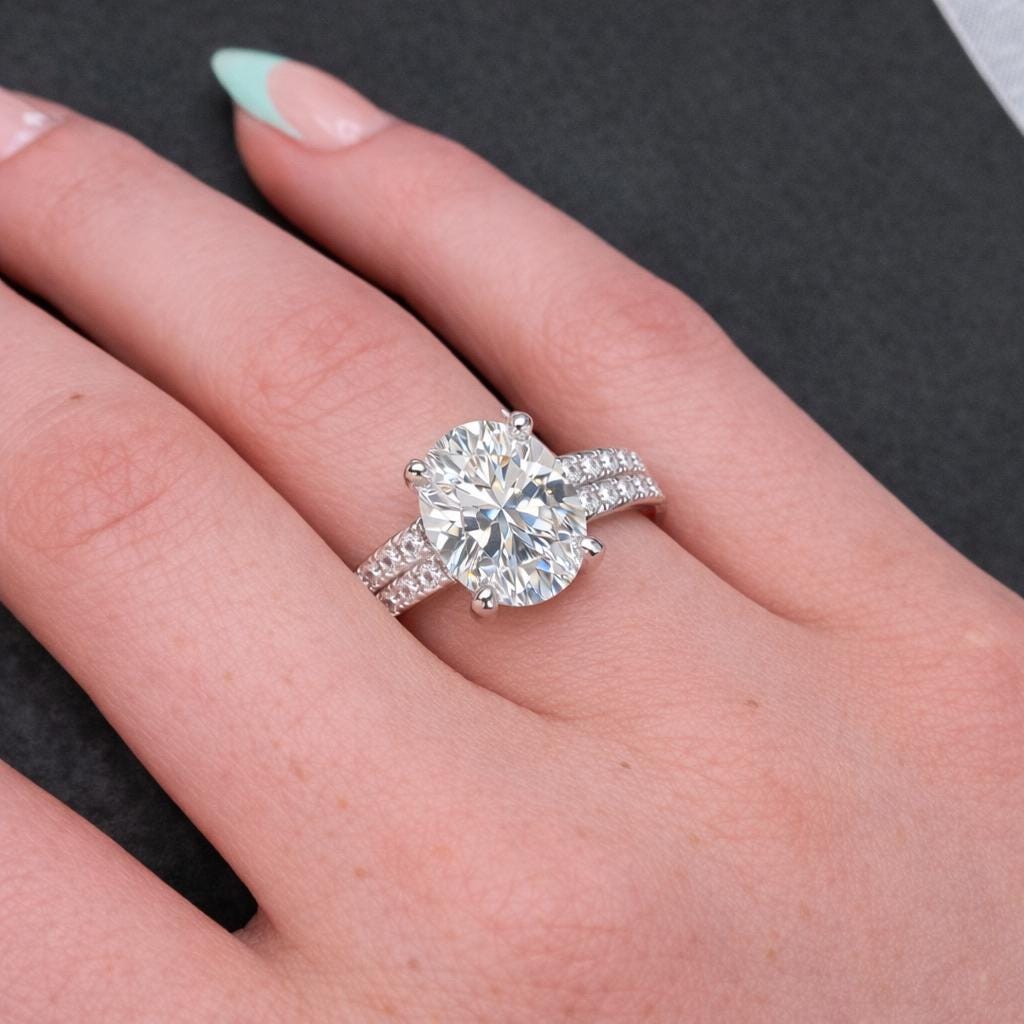 Oval Cut Moissanite Engagement Ring Set | 925 Sterling Silver Band