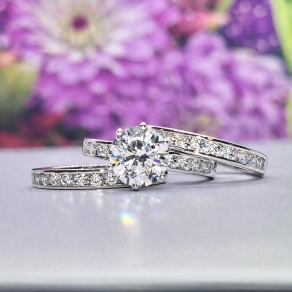 Round Cut 2 Carat Moissanite Bridal Ring Set: Sterling Silver Engagement