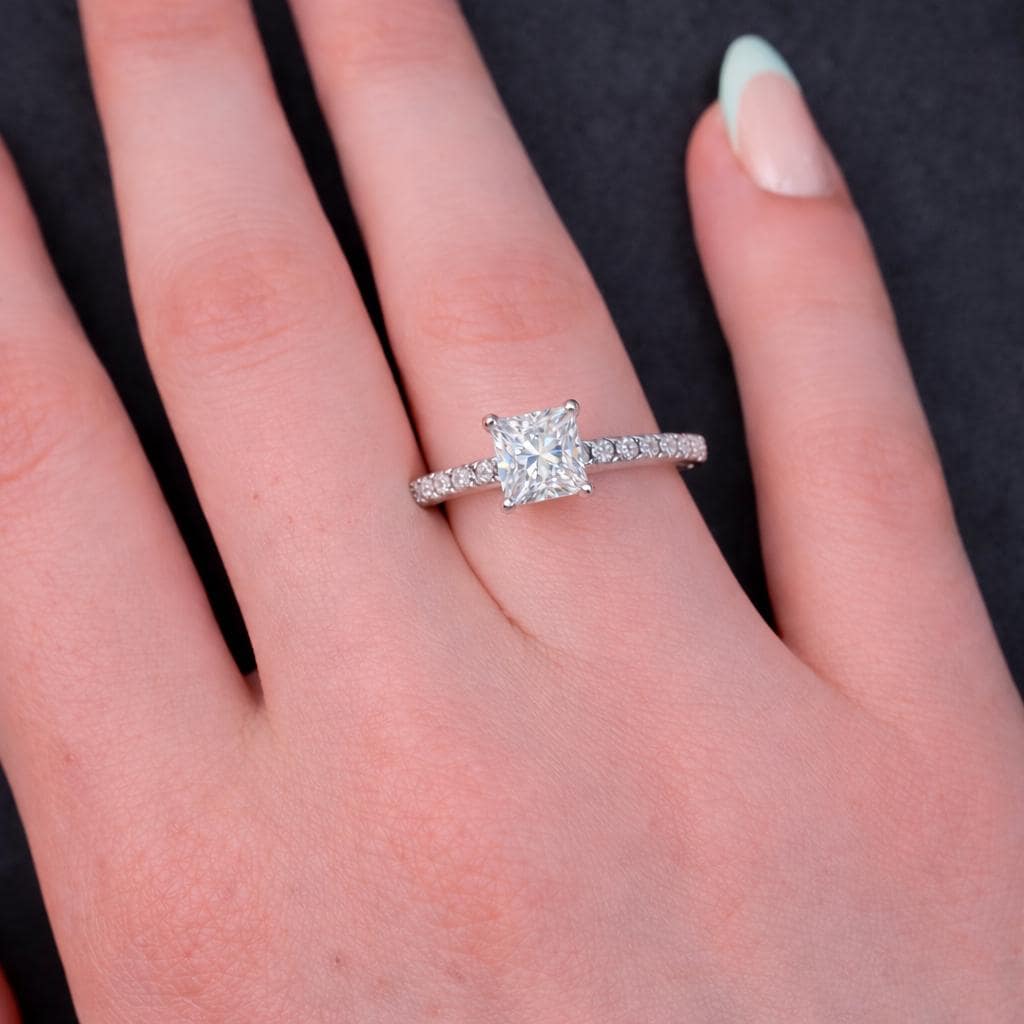 Princess Cut 1 Carat Moissanite Engagement Ring: 925 Sterling Silver