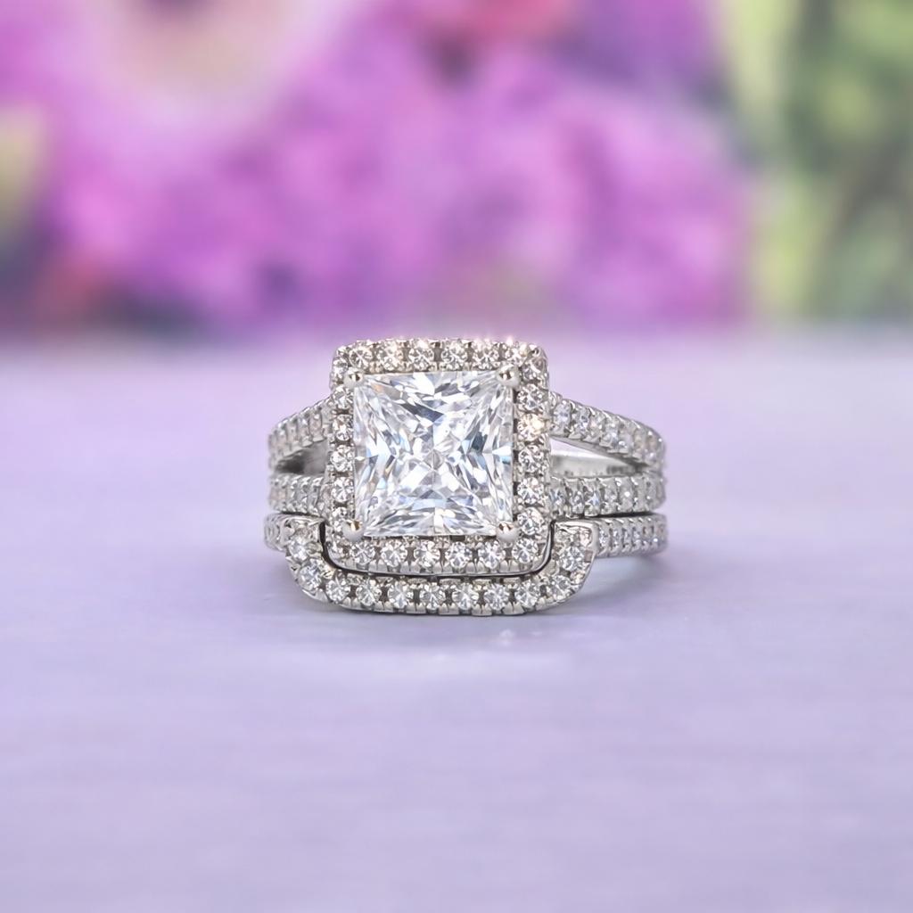 Princess Cut 1.5 Carat Moissanite Art Deco Style Engagement Ring Set : 925 Silver