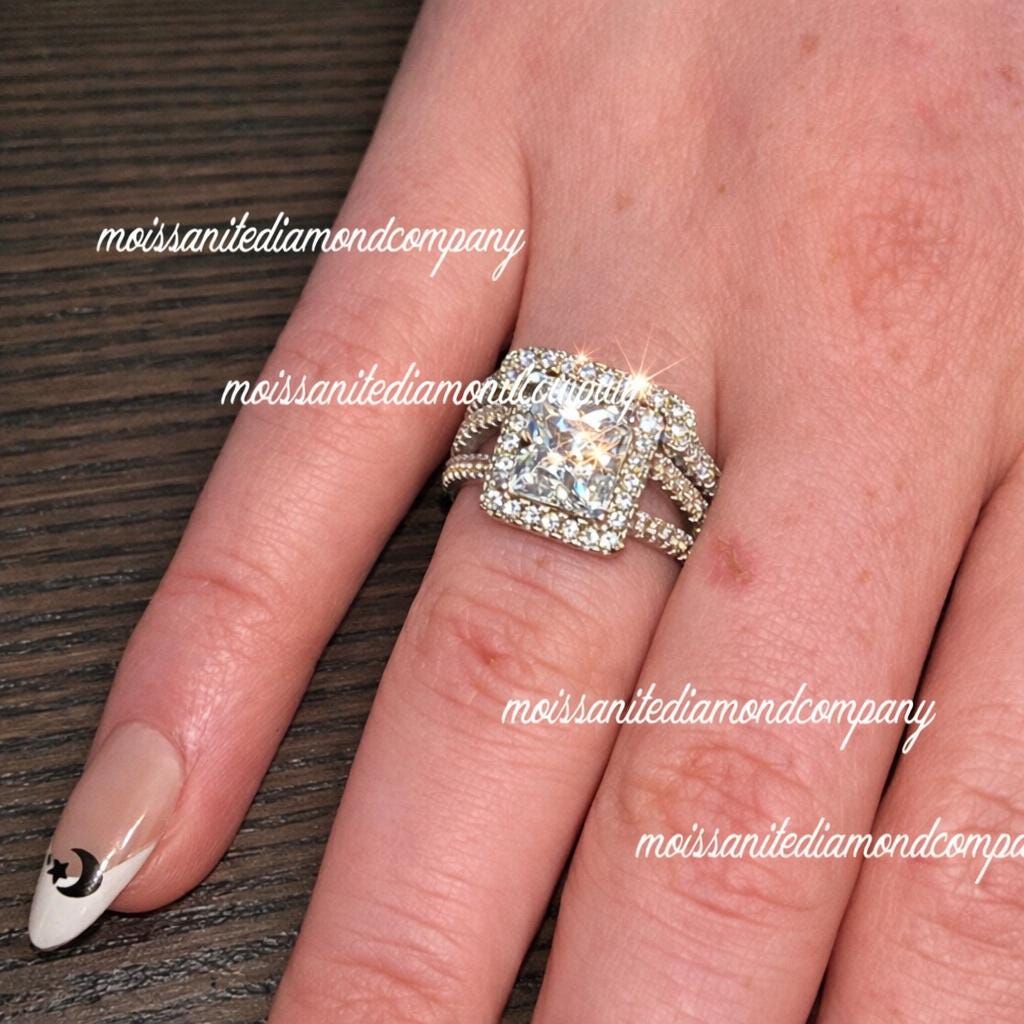 Princess Cut 1.5 Carat Moissanite Art Deco Style Engagement Ring Set : 925 Silver