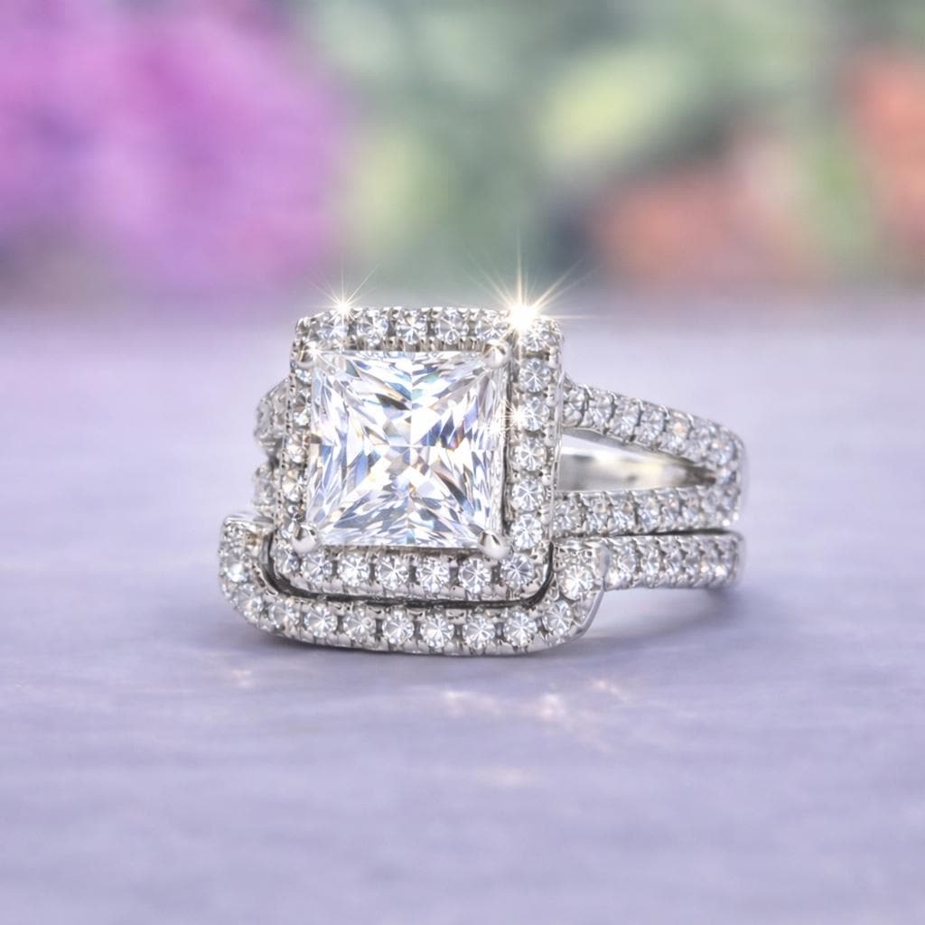 Princess Cut 1.5 Carat Moissanite Art Deco Style Engagement Ring Set : 925 Silver