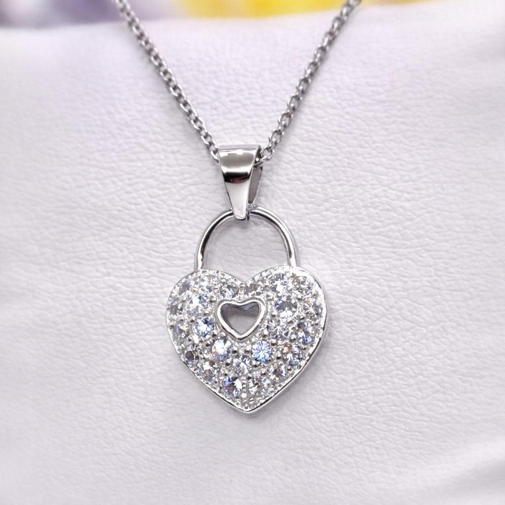 Love Heart Lock  Moissanite Diamond 925 Sterling Silver Pendant Necklace