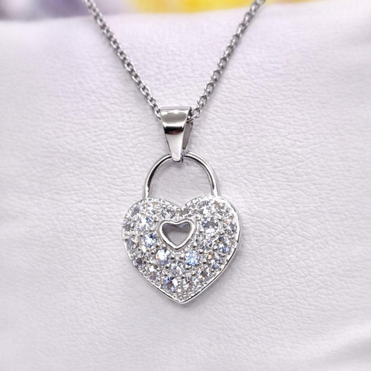 Love Heart Lock  Moissanite Diamond 925 Sterling Silver Pendant Necklace