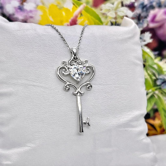 Vintage Style Heart Moissanite Key Pendant: 925 Sterling Silver Necklace