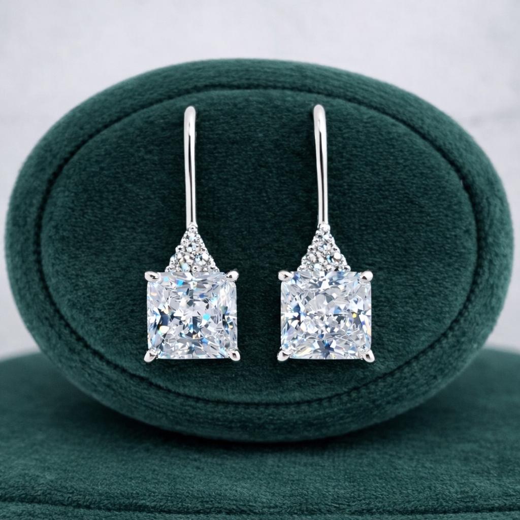 Square Cut Moissanite Dangle Drop Earrings 2 Ct: 925 Sterling Silver
