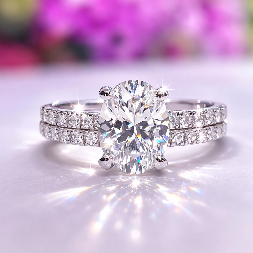 Oval Cut Moissanite Engagement Ring Set | 925 Sterling Silver Band