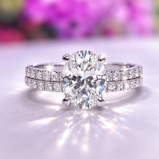 Oval Cut Moissanite Engagement Ring Set | 925 Sterling Silver Band