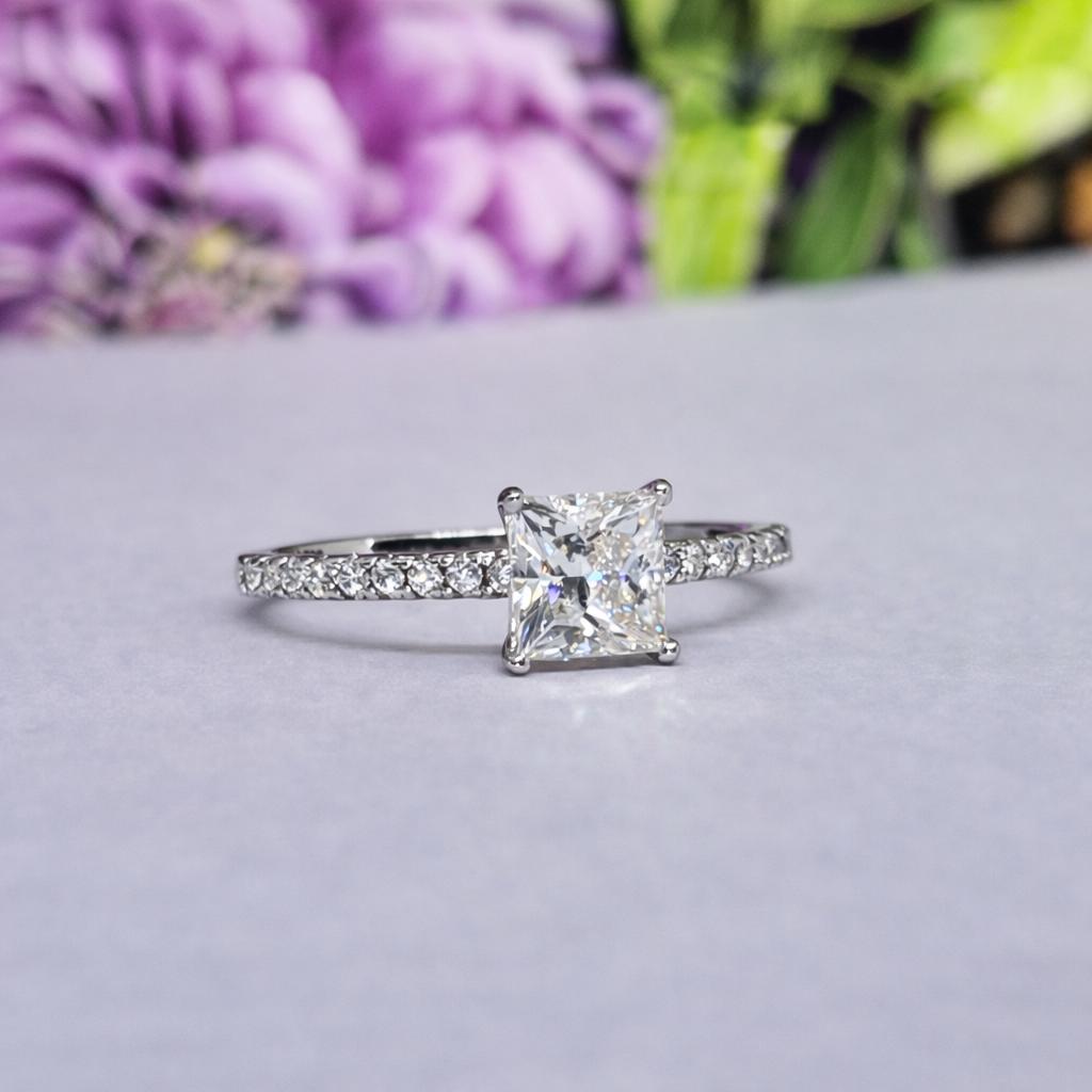 Princess Cut 1 Carat Moissanite Engagement Ring: 925 Sterling Silver
