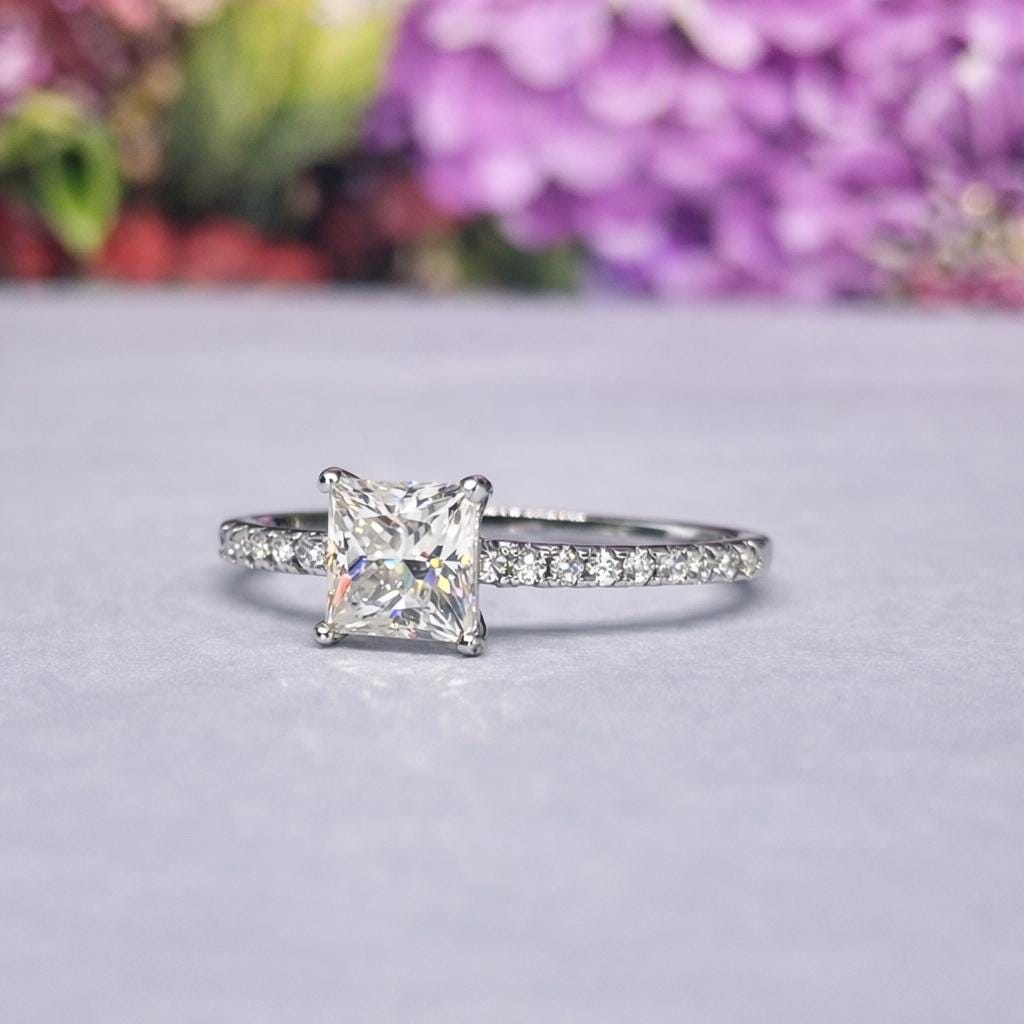 Princess Cut 1 Carat Moissanite Engagement Ring: 925 Sterling Silver