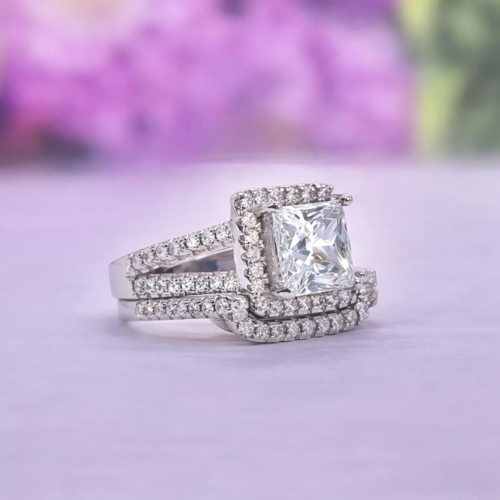 Princess Cut 1.5 Carat Moissanite Art Deco Style Engagement Ring Set : 925 Silver