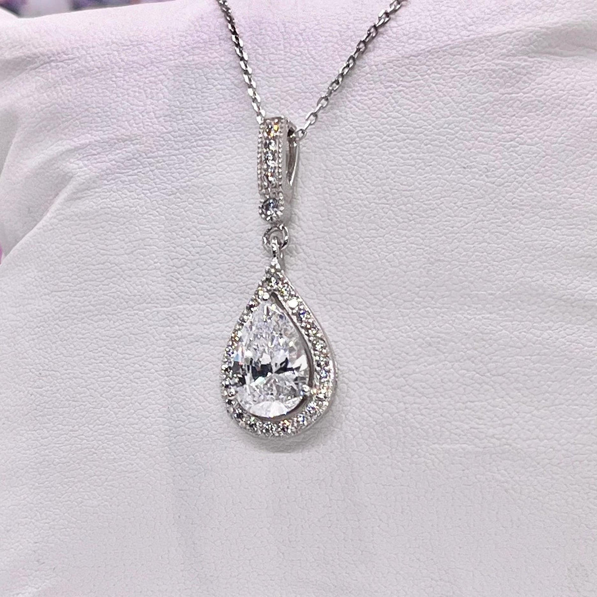 Pear Cut 3 Ct Moissanite Pendant: Sterling Silver Halo Necklace