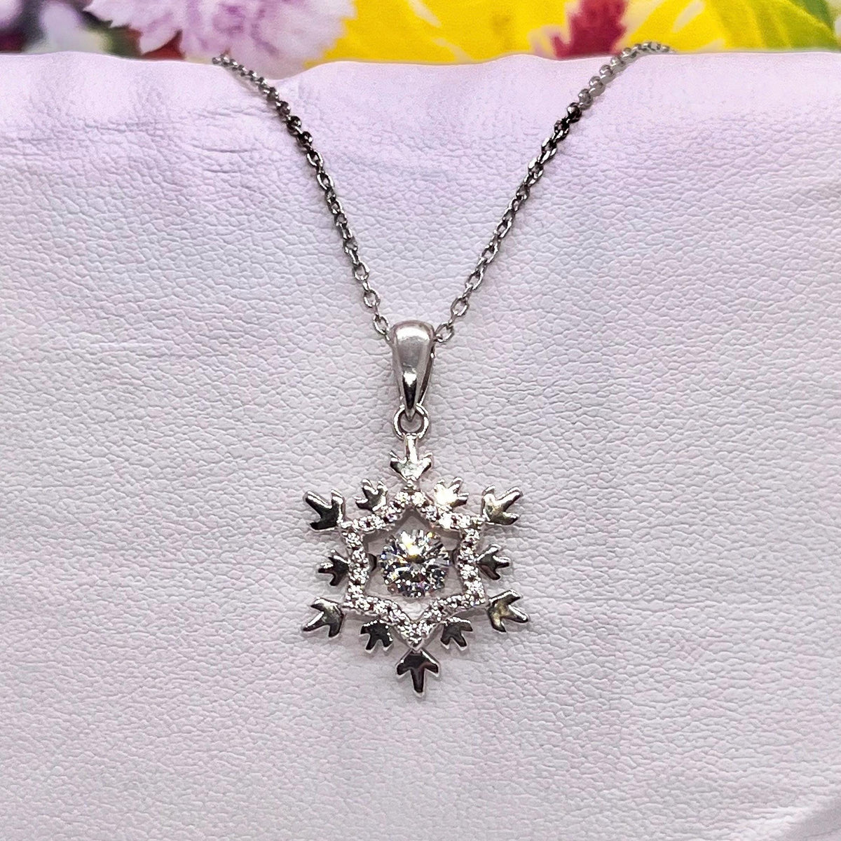 Sterling Silver Snowflake Necklace, Moissanite Diamond Pendant, Bridal Gift