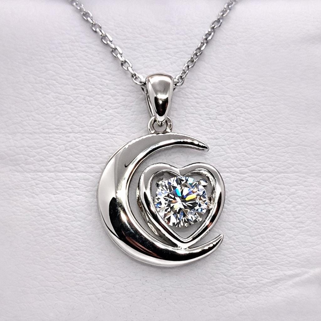 Stone Moon Heart 1 Carat  Moissanite Diamond Pendant Necklace 925 Sterling Silver