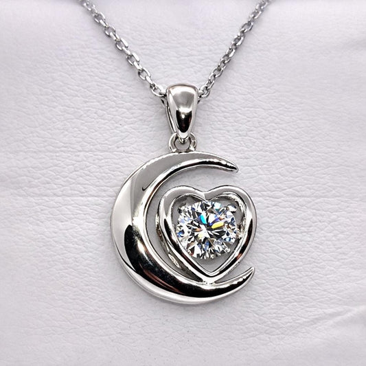 Stone Moon Heart 1 Carat  Moissanite Diamond Pendant Necklace 925 Sterling Silver