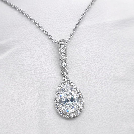 Pear Cut 3 Ct Moissanite Pendant: Sterling Silver Halo Necklace